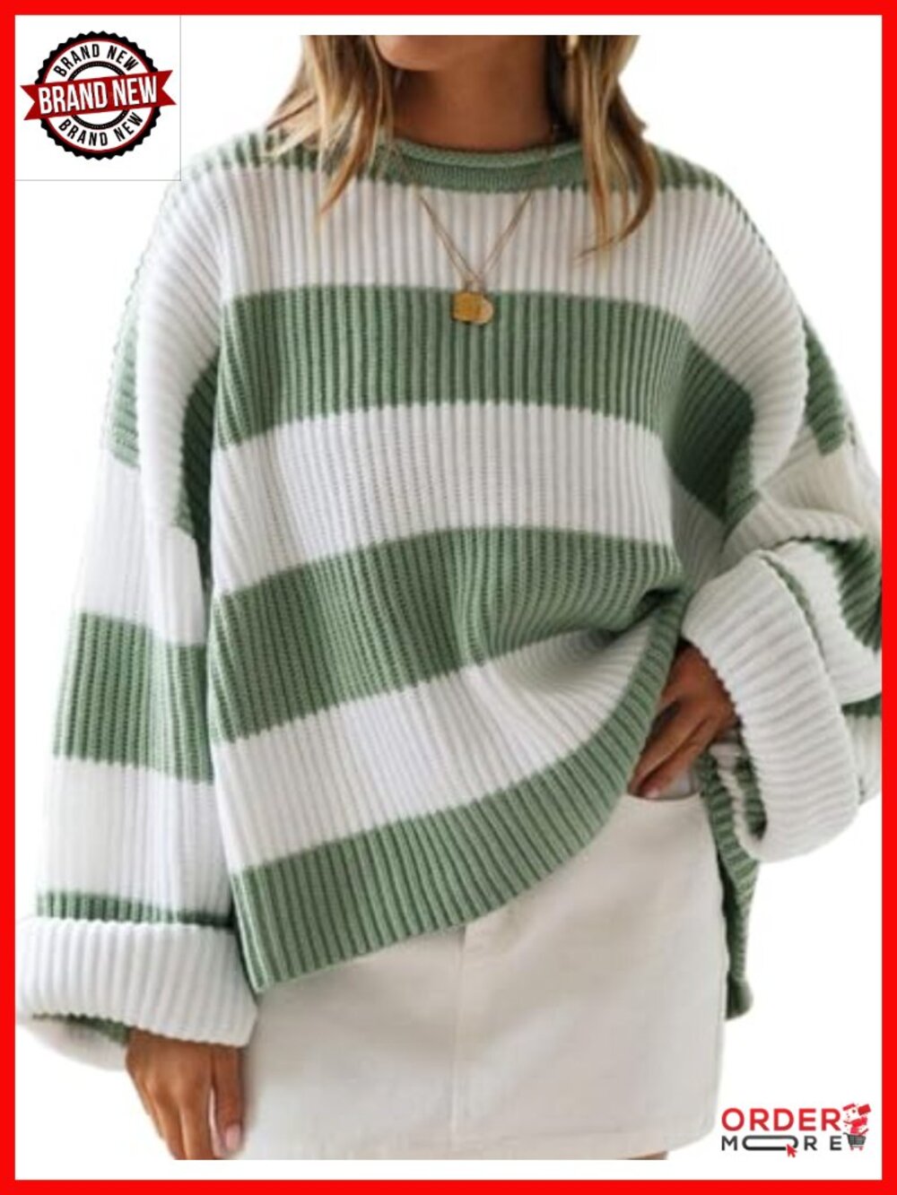 Oversized Striped Knit Sweater Pullover with Flared Long Sleeves